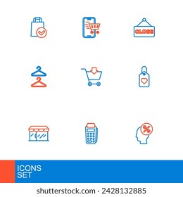 Set line Discount percent tag, POS terminal, Market store, Heart, Hanger wardrobe, Add Shopping cart, Hanging sign with text Closed and Mobile shopping icon. Vector