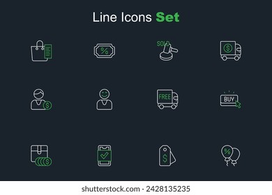 Set line Discount percent tag, Price with dollar, Mobile shopping, Item price, Buy button, Free delivery service, Happy customer and Buyer icon. Vector