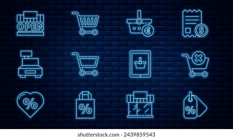 Establecer la etiqueta del porcentaje de descuento, quitar el carro de la compra, la cesta de la compra y el euro, caja registradora, edificio abierto, en la tableta y el icono. Vector