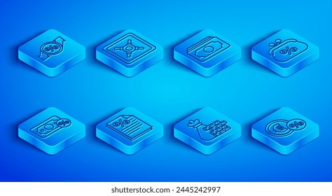 Set line Discount percent tag, Safe, Stacks paper money cash, Finance document, Money bag and coin, Purse,  and with icon. Vector