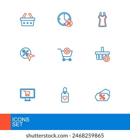 Set line Discount percent tag, Heart, Shopping cart on monitor, Add basket, Woman dress and Clock and discount icon. Vector