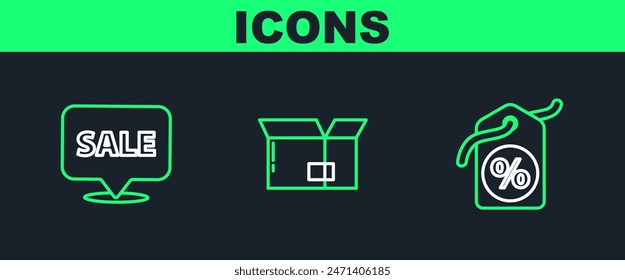 Set line Discount percent tag, Hanging sign with Sale and Carton cardboard box icon. Vector