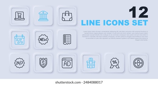 Set line Discount percent tag, Cryptocurrency coin Bitcoin, Price with New, Gift box, Shield dollar, Bank building and Advertising icon. Vector