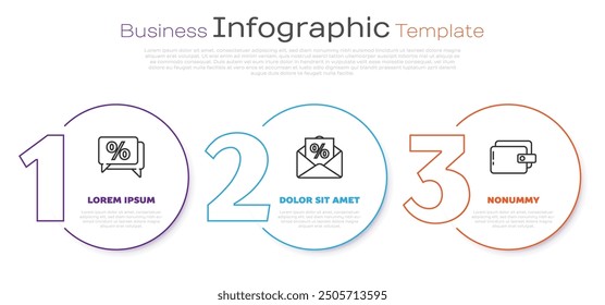 Set line Discount percent tag, Envelope with an interest discount and Wallet. Business infographic template. Vector