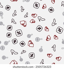 Set line Discount percent tag, Woman shoe, Magnifying glass with and Paper shopping bag on seamless pattern. Vector