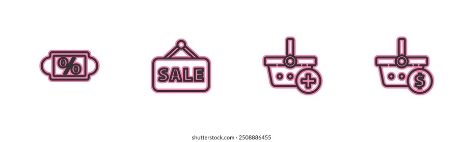 Set line Discount percent tag, Add to Shopping basket, Hanging sign with Sale and and dollar icon. Vector