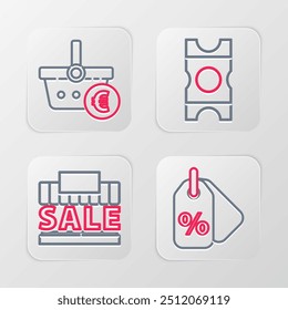 Set line Discount percent tag, Shopping building and sale, Coupon and basket euro icon. Vector