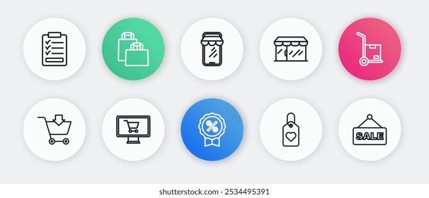Definir linha Percentual de desconto tag, Caminhão de mão e caixas, Adicionar ao carrinho de compras, Coração, Loja de mercado, Compras on-line no telefone, Sinal de suspensão com texto ícone de venda e monitor. Vetor