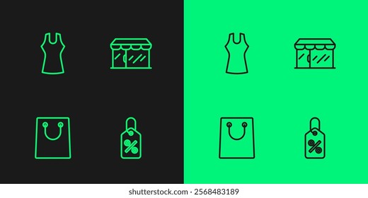 Set line Discount percent tag, Paper shopping bag, Woman dress and Market store icon. Vector