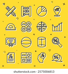 Set line Discount percent tag, Magnifying glass with, Graph, schedule, chart, diagram, Pie infographic, Calculator, Protractor, Crossed ruler and pencil and XYZ Coordinate system icon. Vector