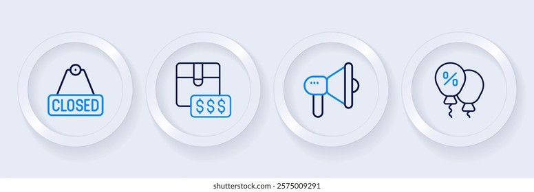 Set line Discount percent tag, Megaphone, Item price with dollar and Hanging sign text Closed icon. Vector
