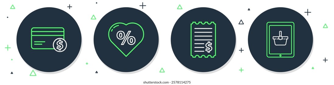 Set line Discount percent tag in heart, Paper check and financial check, Credit card dollar and Shopping basket on tablet icon. Vector