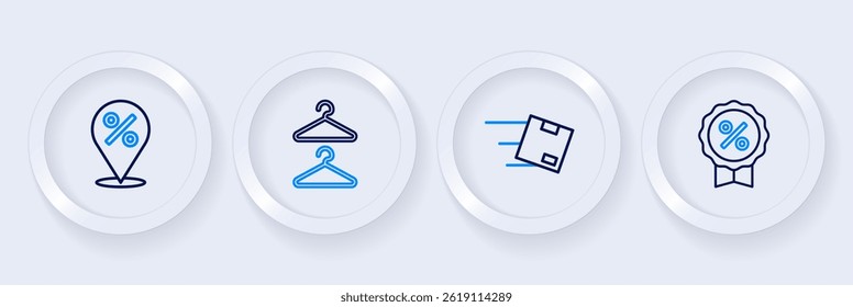 Set line Discount percent tag, Location with cardboard box, Hanger wardrobe and  icon. Vector