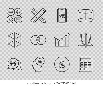 Set line Discount percent tag, Calculator, Square root of x glyph, Function mathematical symbol, Mathematics sets A and B,  and Graph, schedule, chart, diagram icon. Vector