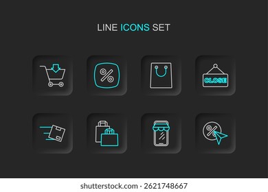 Set line Discount percent tag, Online shopping on phone, Paper bag, Location with cardboard box, Hanging sign text Closed,  and Add to Shopping cart icon. Vector