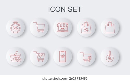 Set line Discount percent tag, Add to Shopping basket, Online shopping, cart, Stopwatch and,  and Mobile icon. Vector