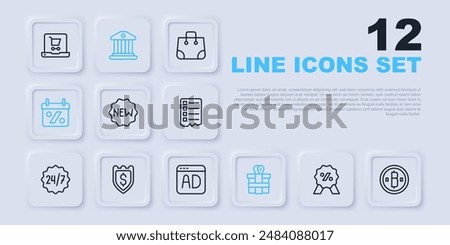 Set line Discount percent tag, Cryptocurrency coin Bitcoin, Price with New, Gift box, Shield dollar, Bank building and Advertising icon. Vector