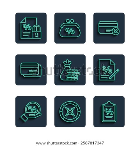 Set line Discount percent tag, Safe, Finance document, Credit card remove, Money bag and coin, lock and  icon. Vector