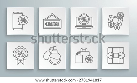 Set line Discount percent tag, Hanging sign with Closed, Perfume, Shoping bag discount, Gift box, Percent and laptop, Money cash coin and phone icon. Vector