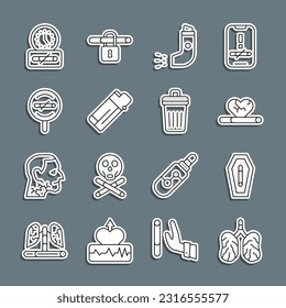 Set line Disease lungs, Death from smoking, Heart disease with, Inhaler, Lighter, No, time and Trash can icon. Vector