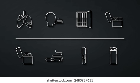 Set line Krankheit Lungen, Feuerzeug, Zigarre, Mann Rauchen Zigarette, und Zigarettenetui-Symbol. Vektorgrafik