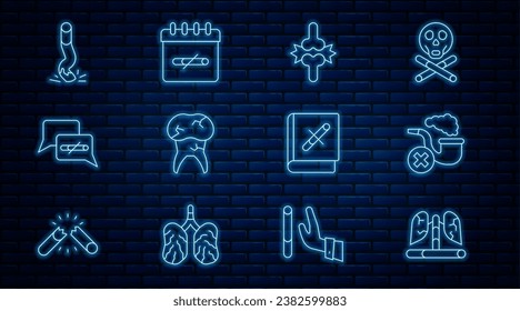 Set line Disease lungs, Smoking pipe with smoke, Joint pain, knee pain, Tooth caries, No smoking, Cigarette butt, Book stop cigarette and days icon. Vector