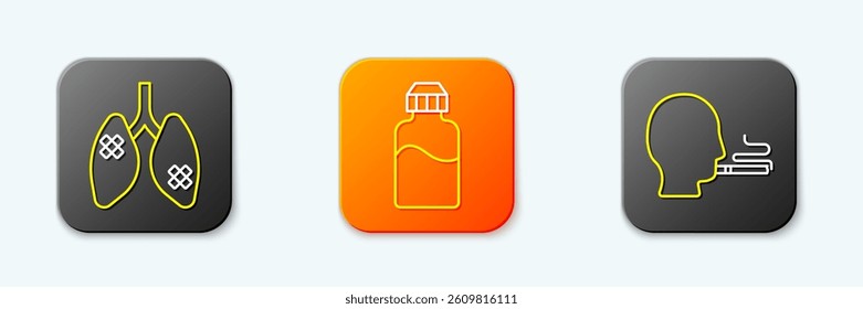 Set line Disease lungs, Vape liquid bottle and Man smoking cigarette icon. Vector