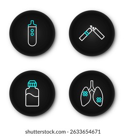 Definir linha Doença pulmões, Vape garrafa líquida, cigarro quebrado e ícone eletrônico. Vetor