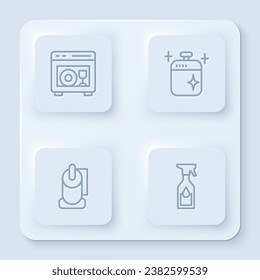 Ponga en línea la máquina de lavavajillas, la olla de cocina limpia, el rollo de papel higiénico y la botella de pulverización de limpieza. Botón cuadrado blanco. Vector