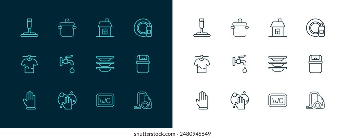Set line Dishwashing bottle and plate, Sponge, Washing dishes, Toilet, Water tap, House, Rubber cleaner for windows and Cooking pot icon. Vector