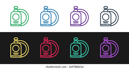 Set line Dishwashing liquid bottle and plate icon isolated on black and white background. Liquid detergent for washing dishes. Vector Illustration