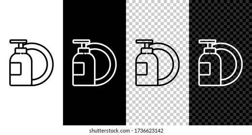 Set line Dishwashing liquid bottle and plate icon isolated on black and white background. Liquid detergent for washing dishes. Vector Illustration