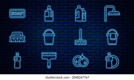 Set line Dishwashing liquid bottle and plate, Bucket with rag, Bottles for cleaning agent, Brush, Bar of soap, Handle broom and Fabric softener icon. Vector