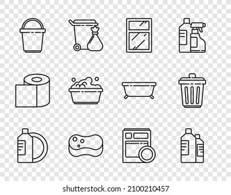 Set Line Dishwashing Liquid Bottle And Plate, Bottles For Cleaning Agent, Cleaning Service Windows, Sponge, Bucket, Plastic Basin With Soap Suds, Kitchen Dishwasher Machine And Trash Can Icon. Vector