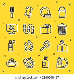 Set line Dishwashing liquid bottle, Hanger wardrobe, Trash can, Washing dishes, Industry metallic pipe, Home cleaning service, Toilet brush and paper roll icon. Vector