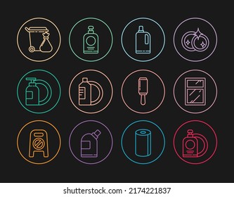 Set-Linie Geschirrspülflasche und Teller, Reinigung der Fenster, Weichspüler, Müllbeutel, Mülleimer-Füller-Ikone, Schutzwalze und Handsanitizer. Vektorgrafik