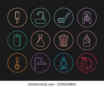 Set line Dishwashing liquid bottle and plate, Fabric softener, Brush for cleaning, Garbage bag, Paper towel roll, Adhesive roller, Trash can and Washbasin with water tap icon. Vector