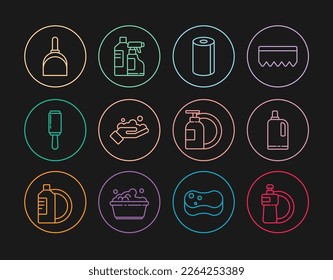 Set line Dishwashing liquid bottle and plate, Fabric softener, Paper towel roll, Washing hands with soap, Adhesive roller, Dustpan,  and Bottles for cleaning agent icon. Vector