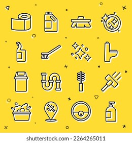 Set line Dishwashing liquid bottle, Vacuum cleaner, Toilet bowl, Brush for cleaning, paper roll and Home service icon. Vector