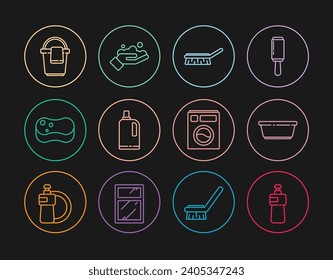 Set line Dishwashing liquid bottle, Plastic basin, Brush for cleaning, Fabric softener, Sponge, Bucket with rag, Washer and Washing hands soap icon. Vector