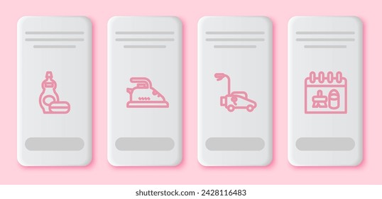 Set line Dishwashing liquid bottle, Electric iron, Lawn mower and Cleaning calendar. White rectangle button. Vector
