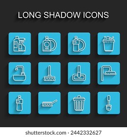 Set line Dishwashing liquid bottle, Brush for cleaning, Bottles agent, Trash can, Toilet brush, Handle broom, Shower head and Mop icon. Vector