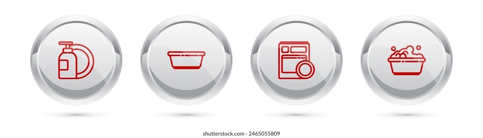 Set line Lavavajillas líquido botella y placa, lavabo de plástico, lavavajillas de cocina y con espumas de jabón. Botón círculo plateado. Vector