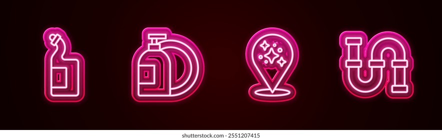 Set line Dishwashing liquid bottle, , Home cleaning service and Industry metallic pipe. Glowing neon icon. Vector