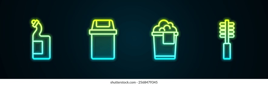 Set line Dishwashing liquid bottle, Trash can, Bucket with foam and Toilet brush. Glowing neon icon. Vector