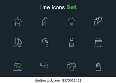 Set line Dishwashing liquid bottle, Sponge, Toilet paper roll, Home cleaning service, Bucket, Cleaning spray with detergent, Water tap and Vacuum cleaner icon. Vector