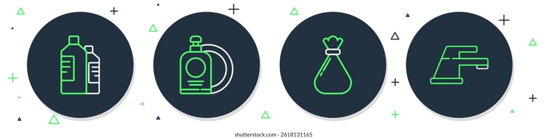 Set line Dishwashing liquid bottle and plate, Garbage bag, Bottles for cleaning agent and Water tap icon. Vector
