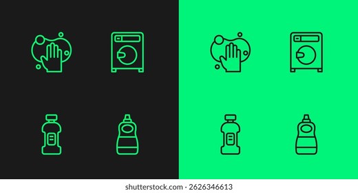 Set line Dishwashing liquid bottle, Bottle for detergent, Sponge and Washer icon. Vector