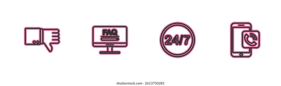 Set line Dislike, Clock 24 hours, Monitor with FAQ information and Mobile phone call icon. Vector