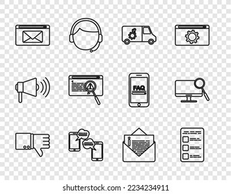 Set line Dislike, Create account screen on mobile, Car service, Chat messages, Mail and e-mail, System bug concept, Envelope and Computer monitor diagnostics icon. Vector